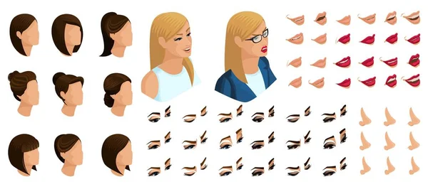 L'isométrie crée tes émotions et ta coiffure pour une femme présidente. Ensembles de coiffures 3D, visages, yeux, lèvres, nez, expression faciale au candidat à la présidence — Image vectorielle