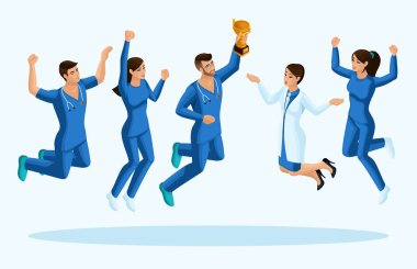 Isometrics doktorlar atlamak, mutluluk. Cerrahlar, sağlık görevlileri, hemşireler mavi tıbbi giysiler içinde, Joy. İllüstrasyonlar için ayarla