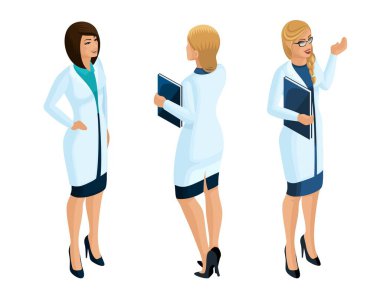 Bir kadın tıbbi işçi, bir doktor, cerrah, Hemşire, tıbbi önlük içinde güzel bir isometry