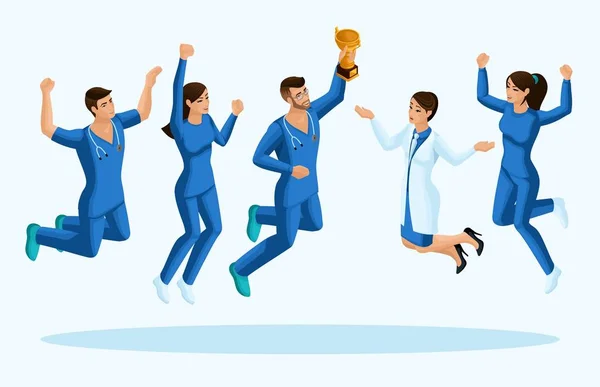 Ada dokter yang melompat, kebahagiaan. Ahli bedah, paramedis, perawat melompat dalam pakaian medis biru, sukacita. Tata untuk ilustrasi - Stok Vektor