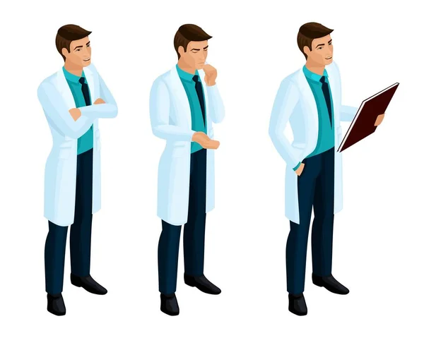 Isometrics gezondheidswerkers, een arts, een chirurg, 3d man een doctor in de medische kleding in het proces van werk — Stockvector