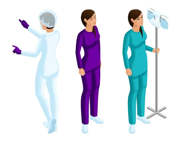 Izometria pracowników medycznych Kobieta, Pielęgniarka 3d, piękne dziewczyny w ubrania medyczne w procesie pracy — Wektor stockowy
