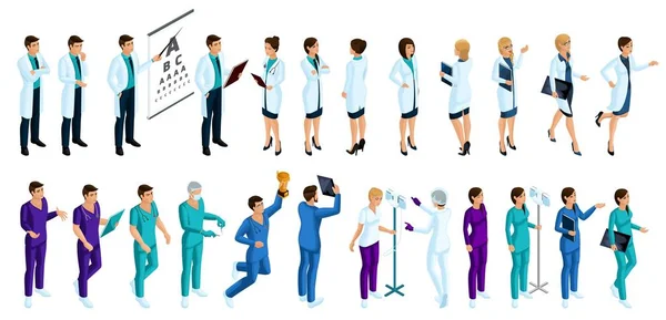 Isometrier är en stor uppsättning tecken sjukvårdsarbetare, 3d läkare, kirurger, sjuksköterska, male sjuksköterska, olika rörelser och känslor för illustrationer — Stock vektor