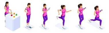 Isometrics of the girl are engaged in sports, sports figure, proper nutrition, fitness, healthy lifestyle. Set of 3d characters clipart