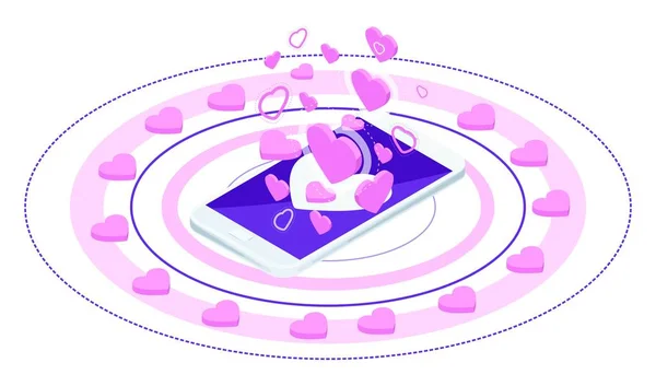 Изометрия - яркая рекламная концепция на тему любви и любовной переписки. Стильный смартфон — стоковый вектор