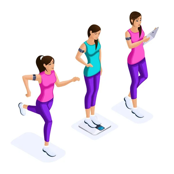 Isometry ensemble de belles filles athlètes, en utilisant des gadgets modernes, maintenir la santé, mode de vie sain, remise en forme, gymnastique, courir en baskets — Image vectorielle