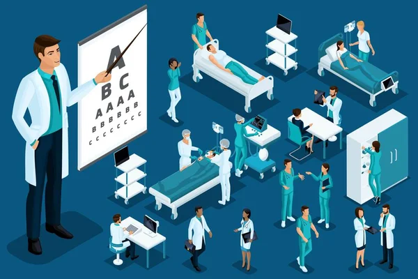 Isometrics geneeskunde arts, oogarts, grote chirurg, medische hulpmiddelen, diagnose, behandeling, grote Set van medische apparatuur — Stockvector