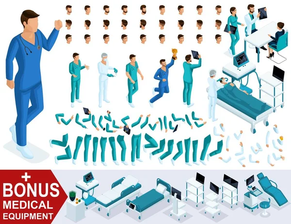 Toplantıda karakter Doktor, sağlık görevlisi, cerrah hareketleri bacaklar ve eller, duygu ve saç kümesi oluşturun. Bonus tıbbi donatımı — Stok Vektör