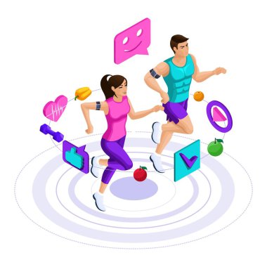 İzometrik kız ve adam koşmak, atlamak, çift bir çalışma, sporcular, spor giyim, simgeler, sağlıklı bir yaşam tarzı 4 ayarla