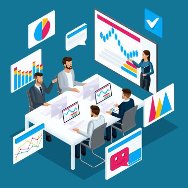 Çevrimiçi öğrenme, uzaktan eğitim, eğitim video, online koçluk, finansal eğitim izometrik kavramı