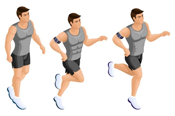 Atleta masculino isométrico, correr, saltar, la construcción atlética, hombre fuerte, músculos. Conjunto de caracteres vectoriales — Archivo Imágenes Vectoriales