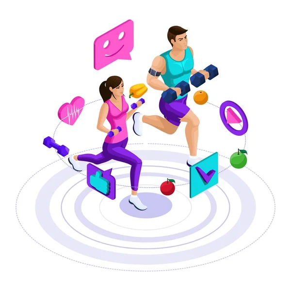 Isometrica ragazza e uomo correre, saltare, coppia su una corsa, atleti, abbigliamento sportivo, icone, stile di vita sano set — Vettoriale Stock