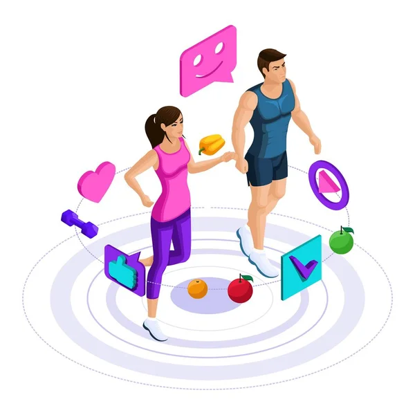 Isometrische meisje en man lopen, springen, paar op een run, atleten, sportkleding, pictogrammen, gezonde levensstijl set 4 — Stockvector