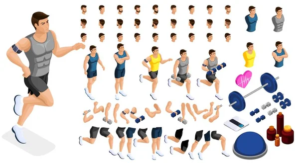 Isometrics Maak je sportieve opgeblazen man, een aantal kapsels, emoties, handen, voeten. Zonder, gym, springen. Sportartikelen voor creatieve set 2 — Stockvector