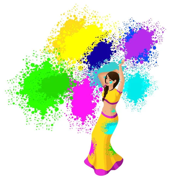 Isometry of a beautiful indian girl dancing on a holiday holi. Spring Festival, a festival of colors. Bright saris — Stock Vector