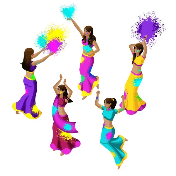 Isometric spring festival, festival of colors, indian girls jump, rejoice, happiness, throw colored powder, beautiful movements, sari dresses — Stock Vector