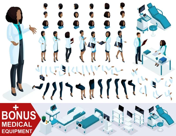 Isometric Woman Doctor African American, create your 3D surgeon, sets of gestures of the feet, hands and emotions. Bonus medical equipment, set 5 — Stock Vector