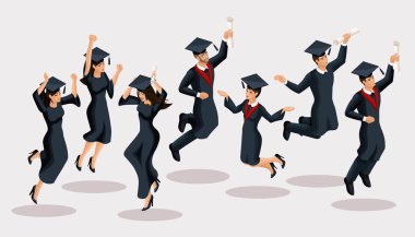 Toplantıda mezunları kızlar ve erkekler için atlamak, akademik elbiseler, şapkalar, sevinirler, diploma, mezunları. Komik karakter kümesi