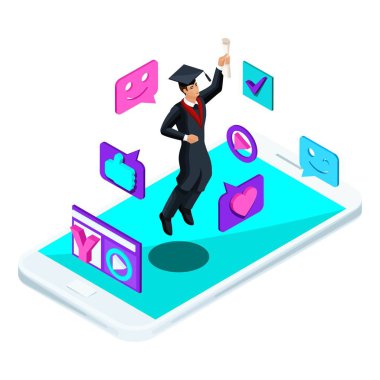 Toplantıda mezunu erkek, atlama sevinir, akademik, diploma, manto, sürgünler video blog, suratlar, seviyor, smartphone, video yayını giyim