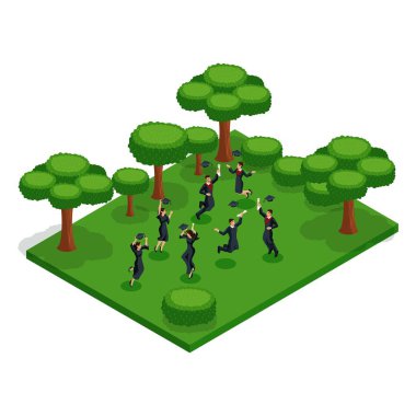 Erkek ve kadın, atlama sevinirler, toplantıda mezunları akademik kıyafetleri, diploma, ödüllendirme kapaklar manto, video blog at