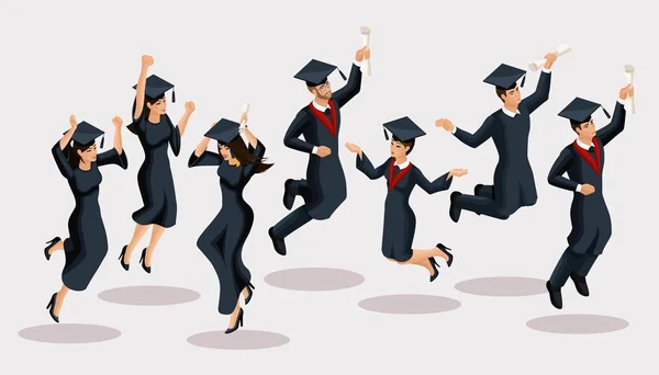 Isometrics graduates girls and boys, jump, academic robes, hats, rejoice, diplomas, graduates. Set of funny characters — Stock Vector