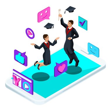 Akademik aşınma, diploma, manto, sürgünler video blog, suratlar, seviyor, smartphone, toplantıda mezunları, atlama sevinirler video yayını