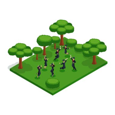 Toplantıda mezunları erkek ve kadın, atlama sevinirler, akademik kıyafetleri, ödüllendirme diploma, manto, video blog