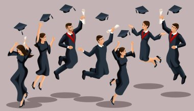 Toplantıda mezunları kızlar ve erkekler için atlama, akademik elbiseler, şapkalar, diploma, at. Komik karakter kümesi