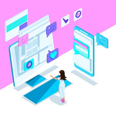 İsometry bir genç kız, smartphone, monitör, ileti bir internet yazışma ile parlak bir şablondur. 3 set parlak holografik tasarımı
