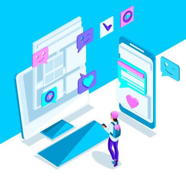 İsometry bir genç kız, smartphone, monitör, ileti bir internet yazışma ile parlak bir şablondur. Parlak Holografik dizayn