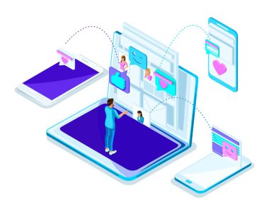 Toplantıda internet farklı kız ile erkek muhabirleri, Internet, bir dizüstü bilgisayar, akıllı telefonlar, mesajlar ile tanıdık. Parlak Holografik dizayn