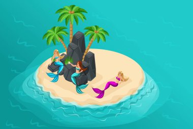 İzometrik karikatür Adası, masal karakterleri, ıssız bir adada deniz kızları lodges otur, yalan kum, deniz, okyanus