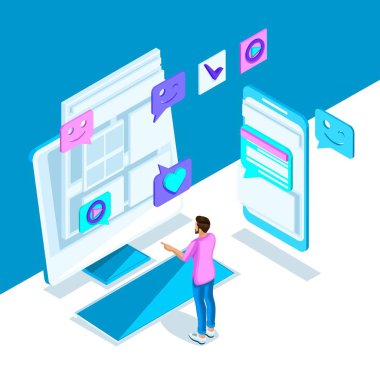 İsometry bir genç kız, smartphone, monitör, ileti bir internet yazışma ile parlak bir şablondur. 4 set parlak holografik tasarımı