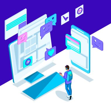İsometry bir genç kız, smartphone, monitör, ileti bir internet yazışma ile parlak bir şablondur. Holografik tasarıma küme2
