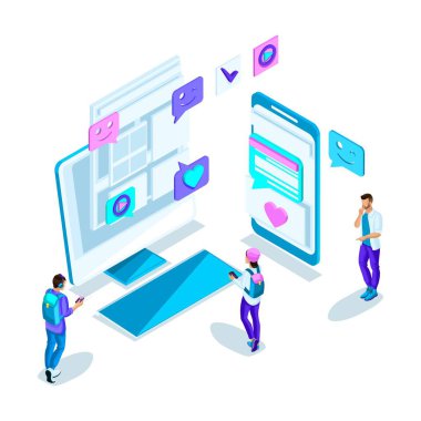 Toplantıda genç insanlar, farklı insanlar, yazışma, Internet üzerinden tanıdık ile Internet üzerinde iletişim. Parlak Holografik dizayn