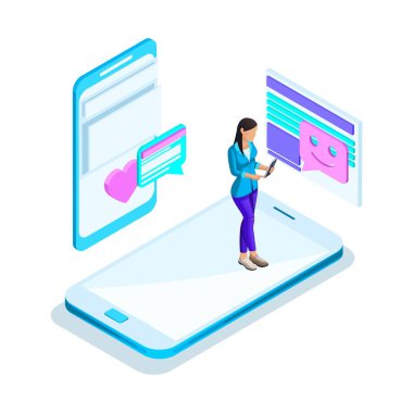 Toplantıda kız Internet, internet tanıdık, aşk mesajları, koca arama, sanal iletişim iletişim kurar. Parlak Holografik dizayn.