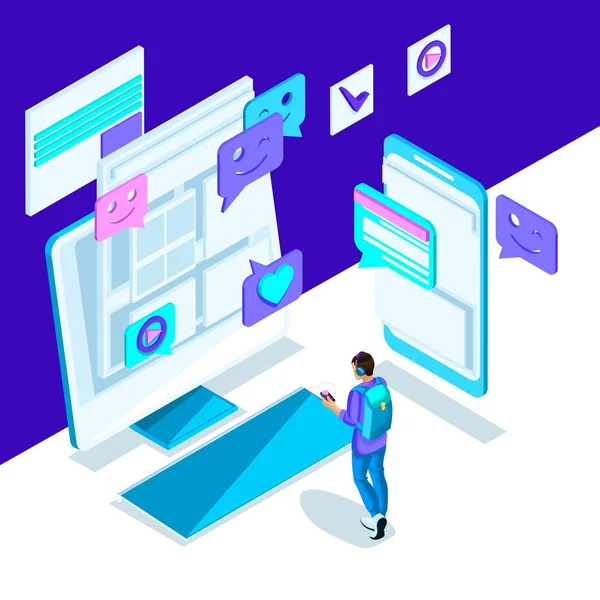 İsometry bir genç kız, smartphone, monitör, ileti bir internet yazışma ile parlak bir şablondur. Holografik tasarıma küme2