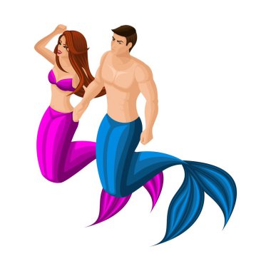 Deniz kızları, deniz sakinleri, kuyruk, balık, deniz izometrik çifti. Vektör karakter