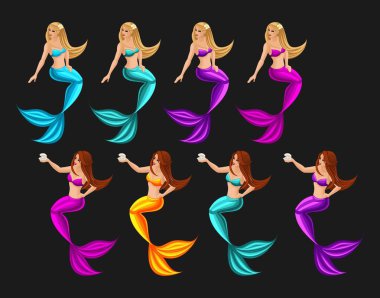 Deniz kızları, güzel dizi isometry ve parlak grafik oyunları, kuyruk, balık, deniz, çizgi film, peri masalı için karakter kümesi