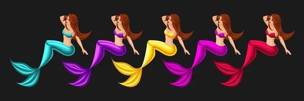 Isometrie-Spielkonzept Cartoon mit Märchenfiguren, eine Reihe von verschiedenen Farben von Meerjungfrauen, Schönheiten, Serenas — Stockvektor