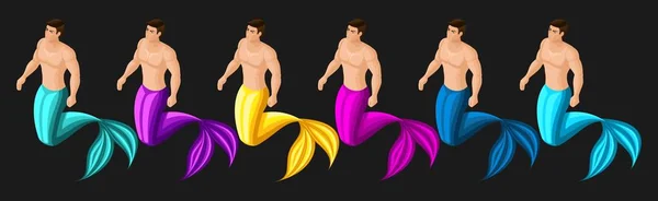 Isometric male mermaid, set of multi-colored characters, inhabitants of the sea, Neptune, sea king — Stock Vector