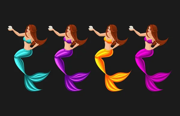 Isometry concept game cartoon con personaggio fiabesco, sirena guardie perla, serena, ragazza, mare, coda — Vettoriale Stock