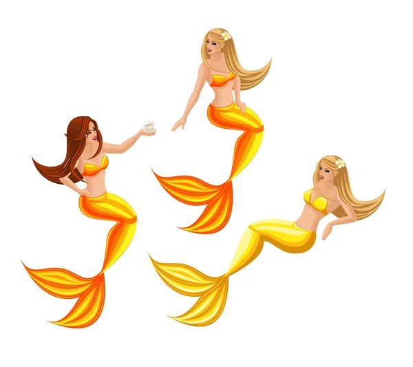 İsometry peri karakterleri bir karanlık bir arka plan, güzel deniz kızları, parlak bir karakter kümesi 3 ayarlayın. — Stok Vektör