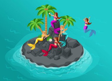 İsometry bir taş ada tarafından korunan deniz kızları deniz, sirenler, bir adadır. Vektör karakter grafik oyunları, peyzaj için