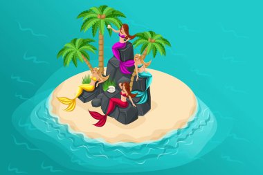 İsometry oyun kavramını karikatür masal karakterleri, bir ıssız ada, deniz kızları, güzellikleri adasını şarkı ve balıkçılar, serenas boğulmak