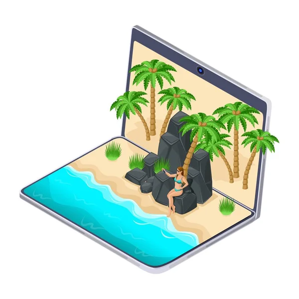 Isométrica a escolha do resto no computador portátil, a menina nas montanhas rochosas faz selfie, aparelhos em férias, viagem, praia, mar, trópicos — Vetor de Stock