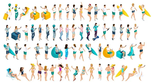 Isometrics is a large set of teenagers in summer clothes and bathing suits, the men's men at any choice — Stock Vector