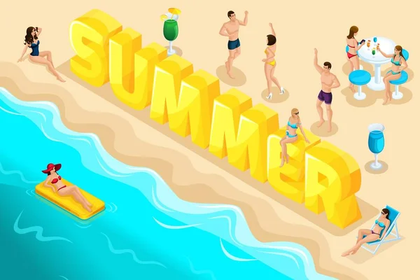 Letras isométricas de verano, fuente, personas, personajes, relajarse en el complejo, vacaciones, un viaje al mar, surf de mar, playa, quemaduras de sol, chicas en trajes de baño. Verano brillante — Vector de stock