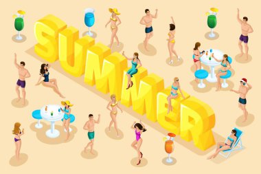 İzometrik mektup yaz, yazı tipi, kişi, karakter, mayo kızlarda resort, tatil, deniz, plaj, tan, gezi rahatlayın. Parlak yaz konsepti