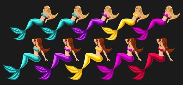 Isomtry es un conjunto grande de sirenas hermosas brillantes, sirenas, personajes del mar, dibujos animados, criaturas fabulosas — Vector de stock